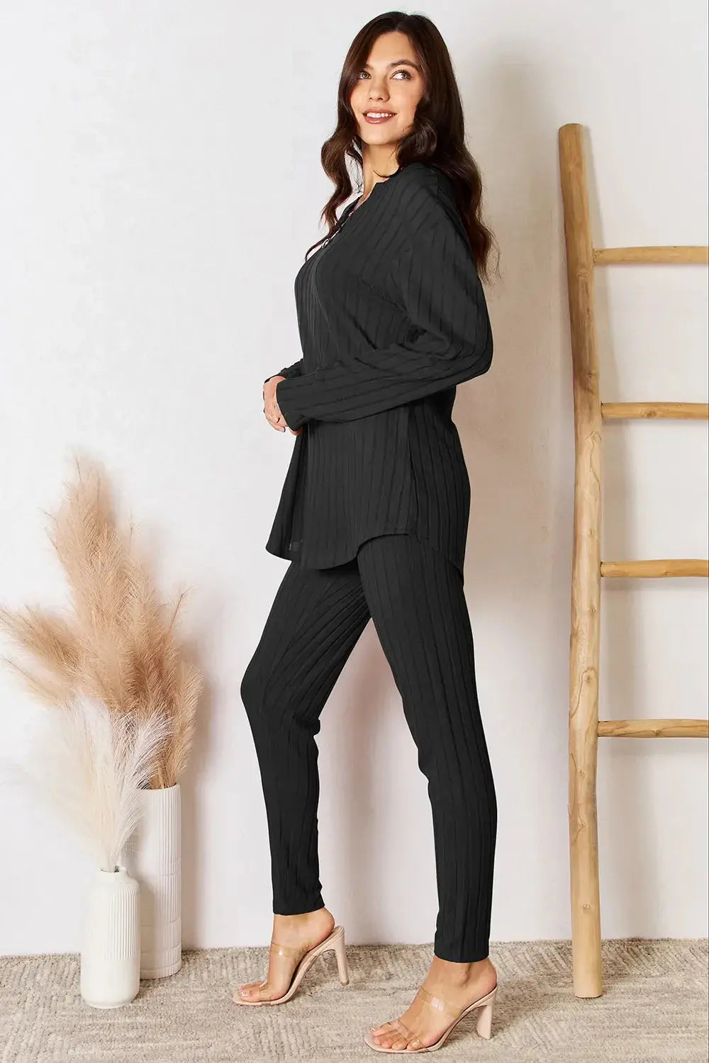 Basic Bae Full Size Notched Long Sleeve Top and Pants Set - Love Salve